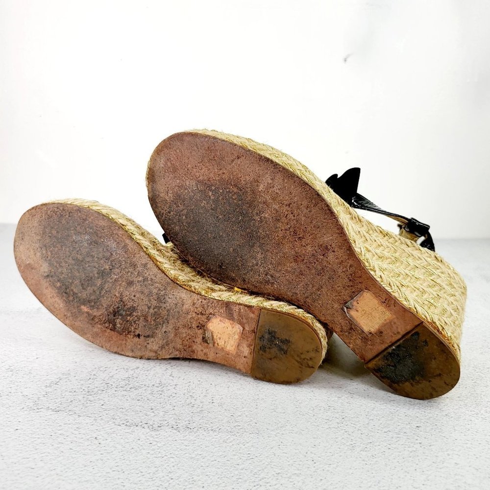 KATE SPADE Wedge Black Leather Espadrilles Sandals 8 Gold Chain Open Toe - Picture 12 of 14